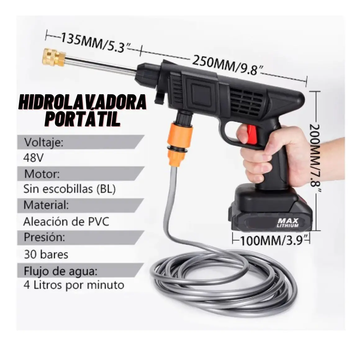 Hidrolavadora Inalámbrica Portátil Recargable 48v 2 Baterías, - Imagen 5