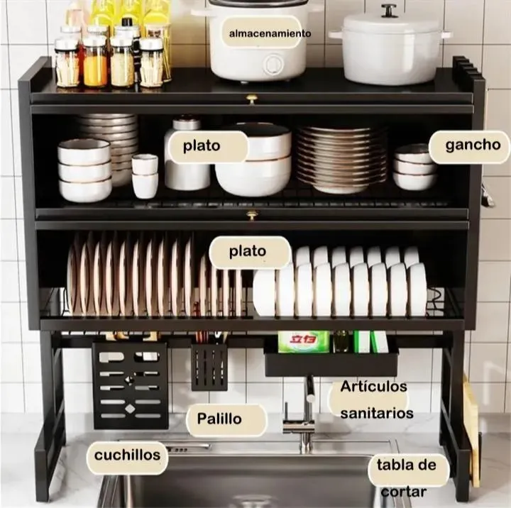 Super Combo 3 en 1 - Escurridor Platos Cocina Con Gabinete Doble Tapa + Set utencilios - Imagen 2