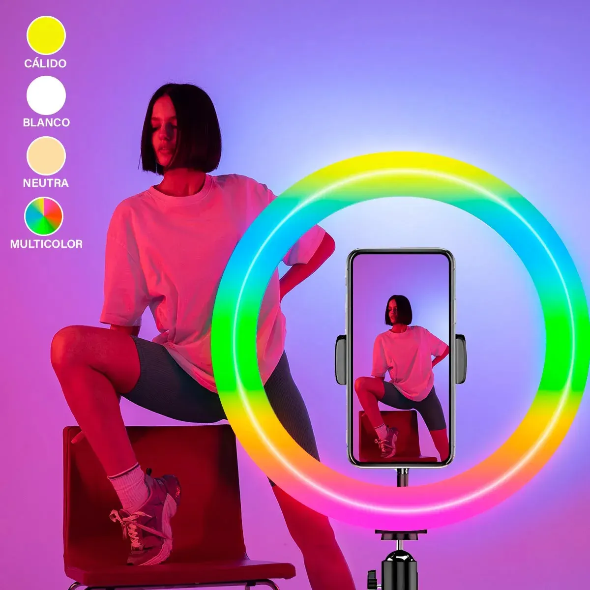 Aro De Luz Led MJ33 Luz Rgb Cálida Fría + Trípode - Imagen 3