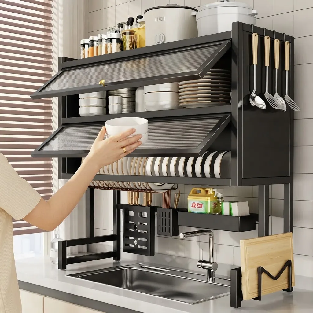 Super Combo 3 en 1 - Escurridor Platos Cocina Con Gabinete Doble Tapa + Set utencilios