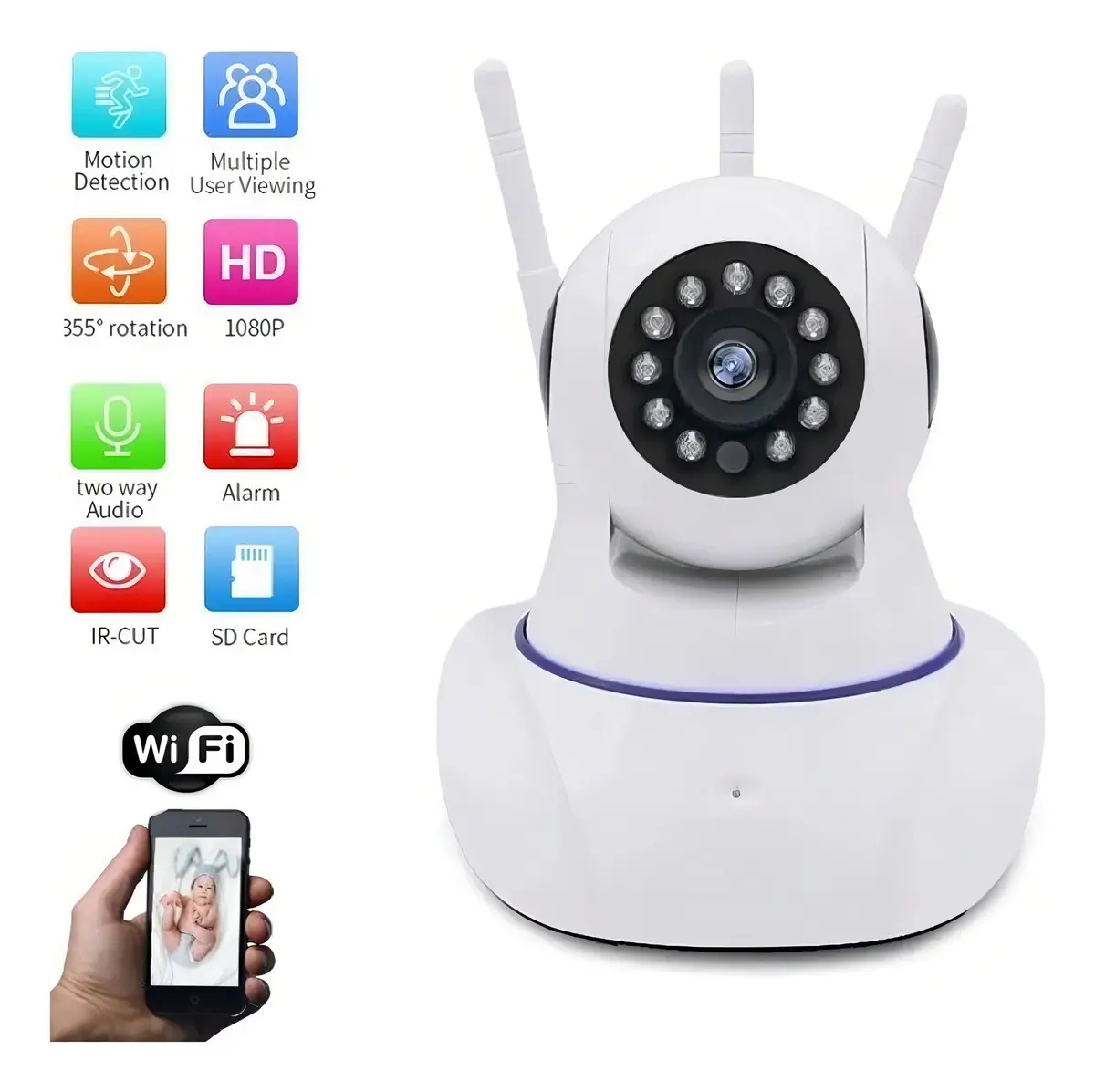 Camara 3 Antenas Ip Wifi Vision Nocturna 2mpx Lee Micro SD - Imagen 3